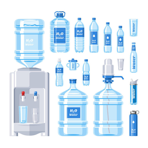 Water bottle vector water drink liquid aqua bottled in plastic container illustration set of bottling water cooler isolated on white background