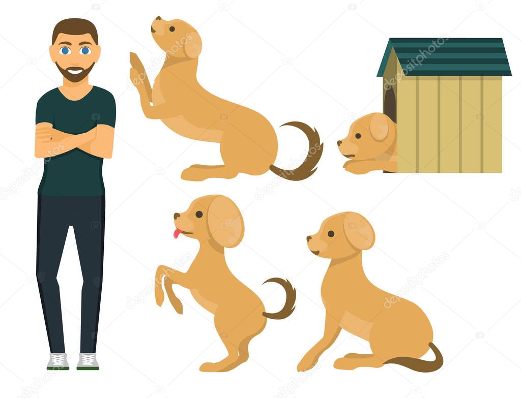 Cute playing dog character funny purebred puppy comic happy mammal breed animal character vector illustration.