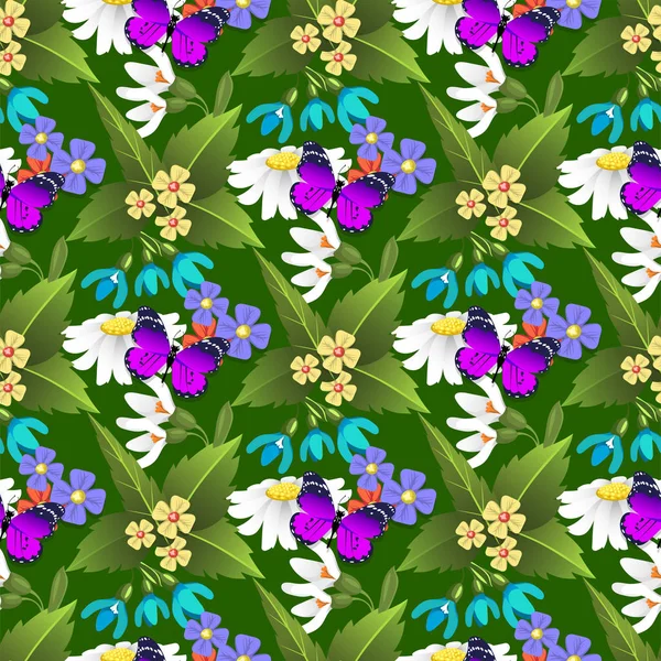 Naturaleza flor y mariposas ilustración patrón sin costuras fondo floral mariposa verano vector — Archivo Imágenes Vectoriales