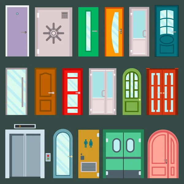 Les portes vectorielles conçoivent des éléments de mobilier porte d'entrée de l'immeuble de la maison dans l'illustration de porte de style plat isolé sur fond. Éléments de maison — Image vectorielle