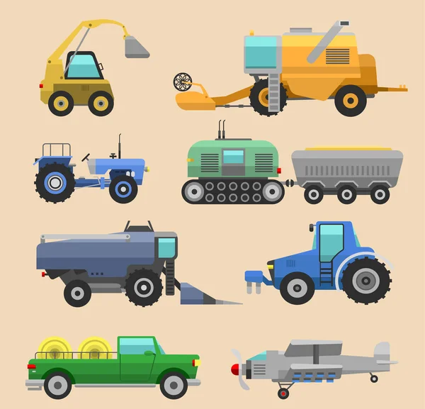 Mezőgazdasági járművek Aratógép vektor traktor gép, egyesíti és kotró. Ikonkészlet mezőgazdasági betakarító gép tartozékok a szántás, kaszálás, ültetés és a betakarítás traktorok — Stock Vector