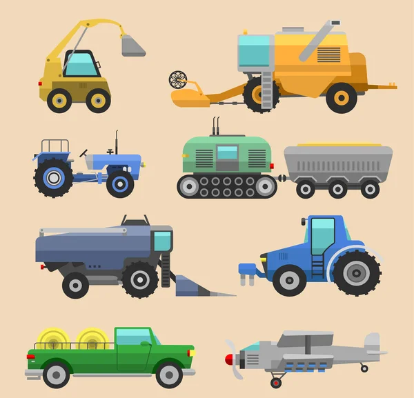 Agricultural vehicles harvester vector tractor machine, combines and excavators. Icon set agricultural harvester machine with accessories for plowing, mowing, planting and harvesting tractors — Stock Vector