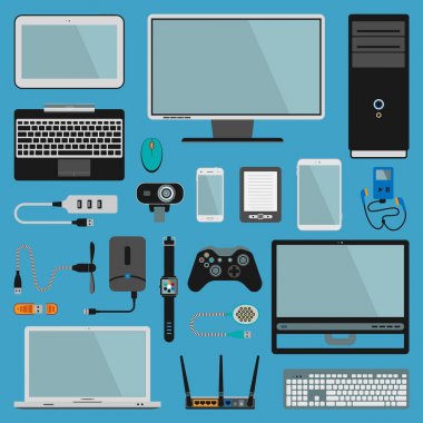 Elektronik becerikli alet simgeler teknoloji Pc elektronik çoklu ortam aygıtları vektör. Günlük teknoloji nesneler. Gadget'ları kontrol. Denetim bağlantı bilgisayar gadjects