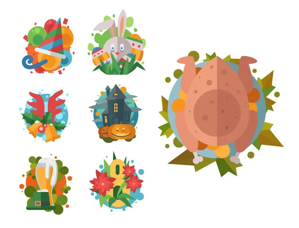 Felices fiestas diferentes iconos vector vacaciones símbolos decoración tradicional celebración regalo insignia . — Vector de stock