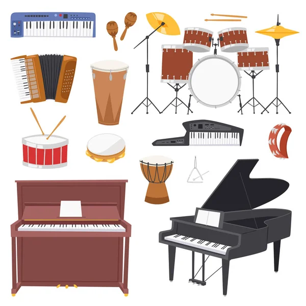 Instrumentos musicais concerto de música vetorial com piano ou músicos sintetizador e kit de bateria conjunto ilustração de acordeão de música isolado em fundo branco —  Vetores de Stock