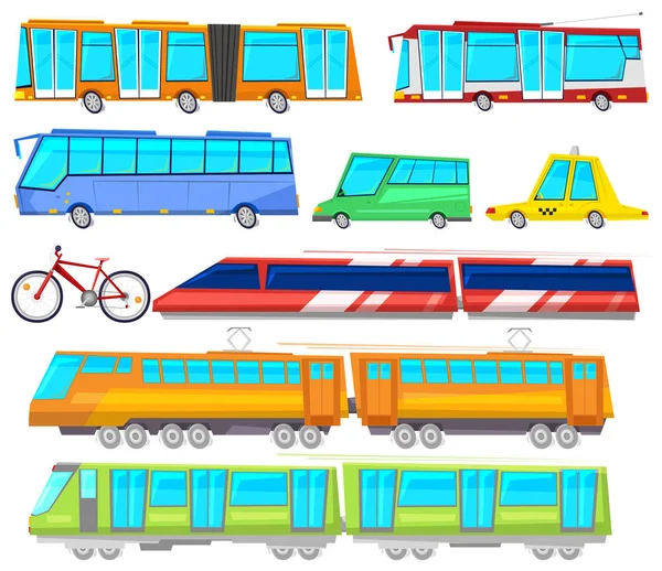 Transport vector public bus or train transported passengers and car or bicycle for transportation in city illustration set of transportable machines isolated on white background — Stock Vector