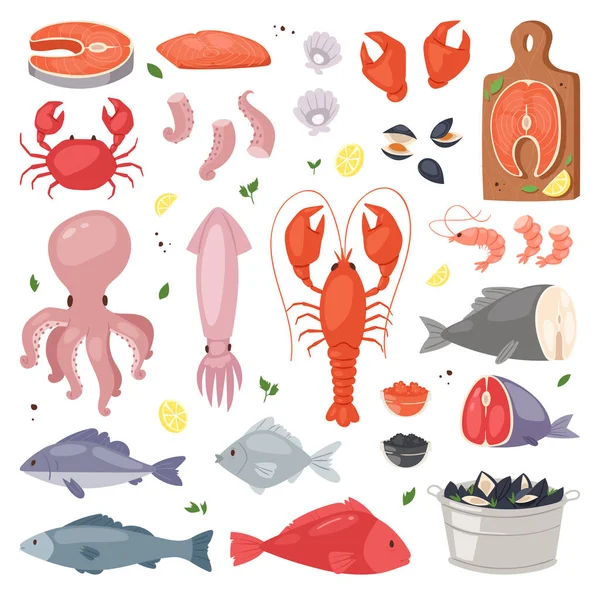 Fisk och skaldjur vektor havet fisk skaldjur och hummer på fishmarket illustration fiskeri uppsättning lax räkor för ocean gourmetmiddag isolerad på vit bakgrund — Stock vektor