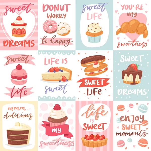 Süßigkeiten Schriftzug Vektor Süßwaren Cupcake Zeichen und süße Süßigkeiten Schokolade Dessert mit gebackenen Bonbons Vorlage für Typografie Illustration Süßigkeiten Donut Set isoliert auf weißem Hintergrund — Stockvektor