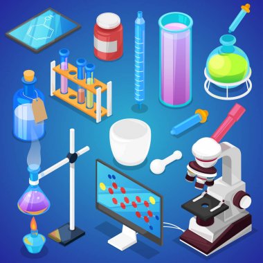 Chemistry vector chemical science or pharmacy research in laboratory for technology or experiment in laboratory illustration set of lab scientific equipment isolated on background clipart