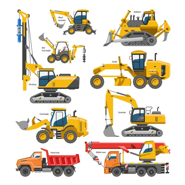 Excavatrice pour creuseuse vectorielle de construction ou bulldozer excavation avec pelle et machines d'excavation industrie illustration ensemble de véhicules constructifs et machine de creusement isolé sur le fond — Image vectorielle