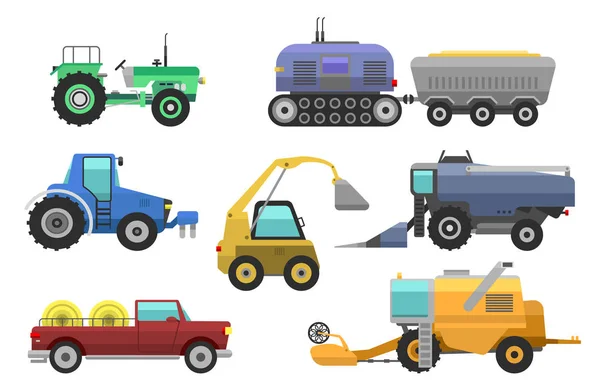 Jordbruksfordon skördare vektor traktor maskin, kombinerar och grävmaskiner. Ikonuppsättning jordbruks skördare maskin med tillbehör för plöjning, slåtter, plantering och skörd traktorer — Stock vektor
