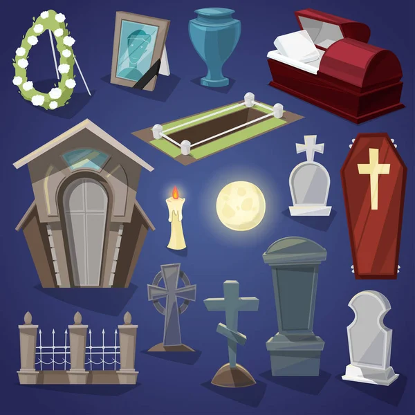 Friedhofsvektor beängstigend Friedhof und Halloween Horror in der Nacht Illustration Set von gespenstischen Grab oder Grab und Grabstein isoliert auf dem Hintergrund — Stockvektor