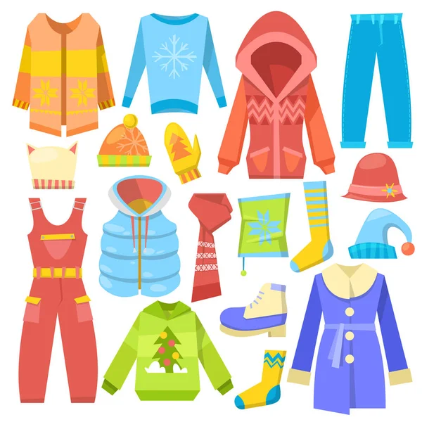 Winterkleren vector warme kleding, trui of jas met sjaal en muts in de winter illustratie set van opstart- en bovenkleding geïsoleerd op witte achtergrond — Stockvector