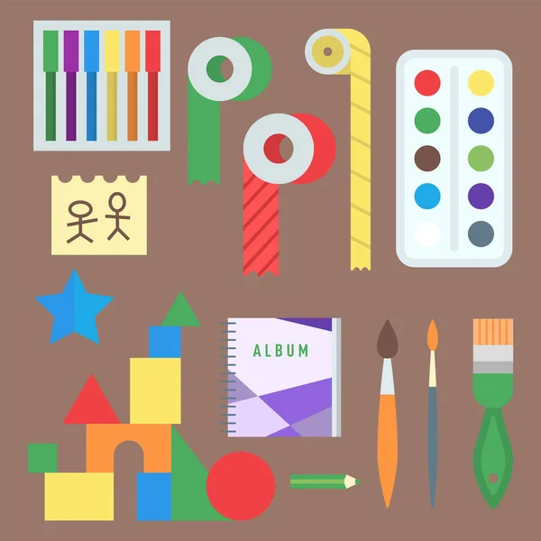 Cartel de símbolos de creación de creatividad para niños temáticos en estilo plano con objetos artísticos para niños festival de la escuela de arte juguetes inusuales vector ilustración . — Vector de stock