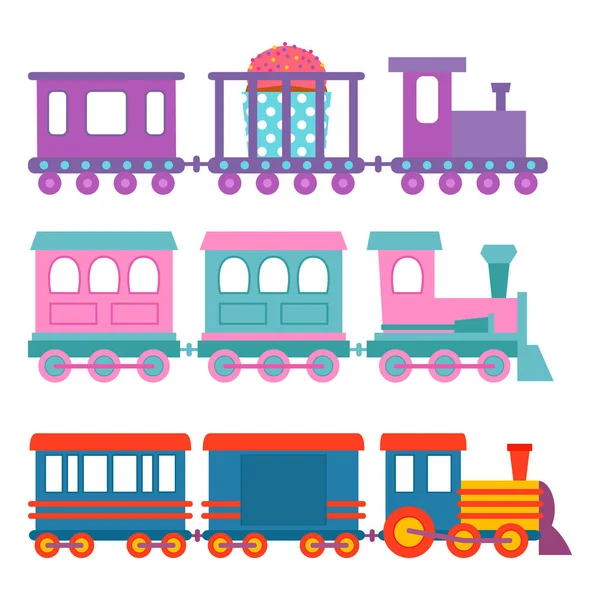 Gioco regalo bambini treno vettore viaggio ferrovia trasporto giocattolo locomotiva illustrazione . — Vettoriale Stock