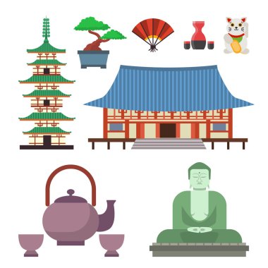 Vektör düz renkli semboller Japonya seyahat ve Asya turizm ambalaj kumaş geleneksel fuji oryantal mimari sanat tasarım.