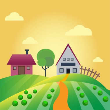 Çiftlik tarım afiş kırsal manzara Ürünler eski ahır ve alan karikatür vektör çizim.