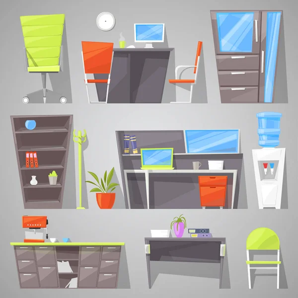 办公家具矢量家具的桌椅或扶手椅设计在工人橱柜的室内插图提供房间在房子里为研究或正式工作设置隔绝在背景上 — 图库矢量图片
