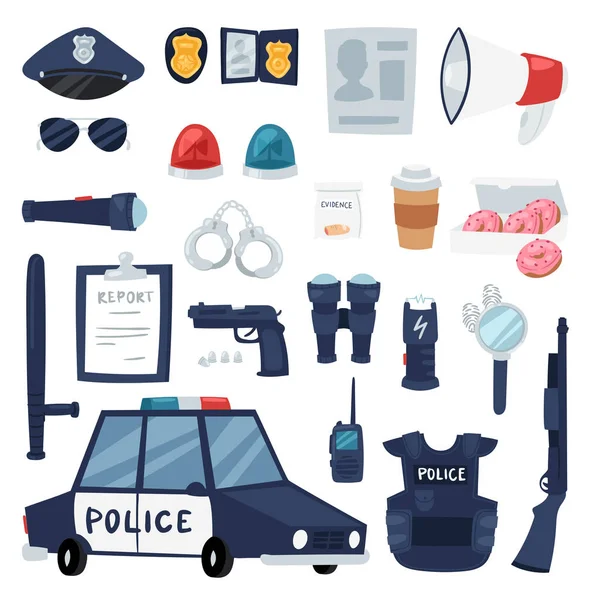 Politie vector beleid tekenen van politieagent en politie auto illustratie set of policeofficers kogelvrij vest en handboeien in politiedienst symbolen geïsoleerd op achtergrond Stockillustratie