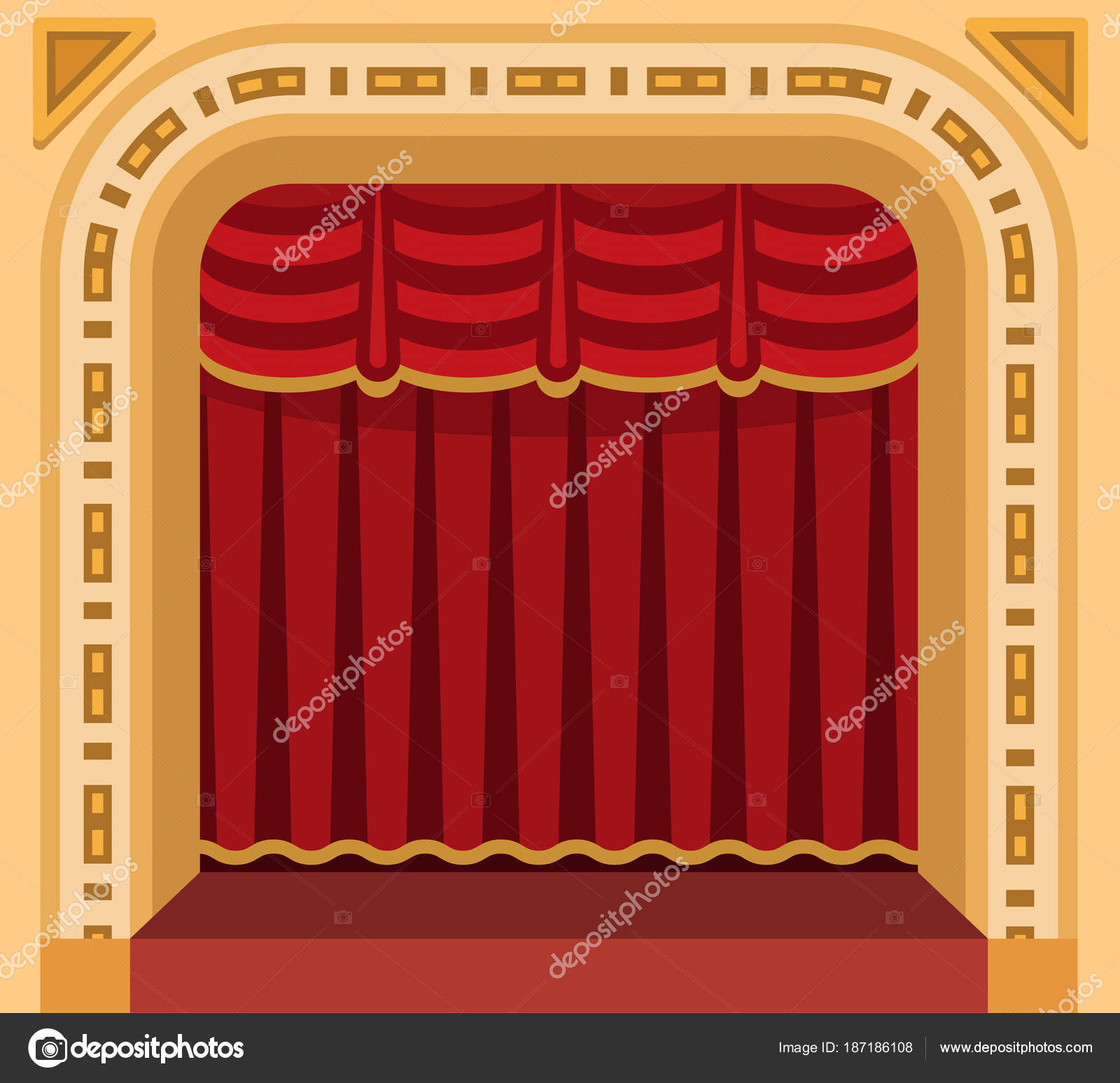 Cenário de palco de teatro. ilustração de desenho vetorial de cena de teatro  com decorações