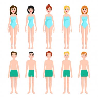 Farklı vücut şekli vektör çizim güzellik şekil karikatür modeli ayakta karakter türleri.