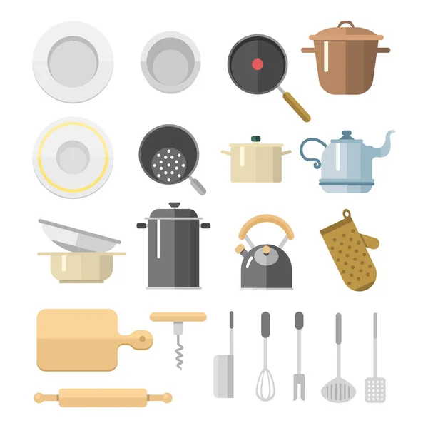 Cucina stoviglie vettoriale icone piatte isolato attrezzature per la casa tutti i giorni piatti mobili illustrazione . — Vettoriale Stock