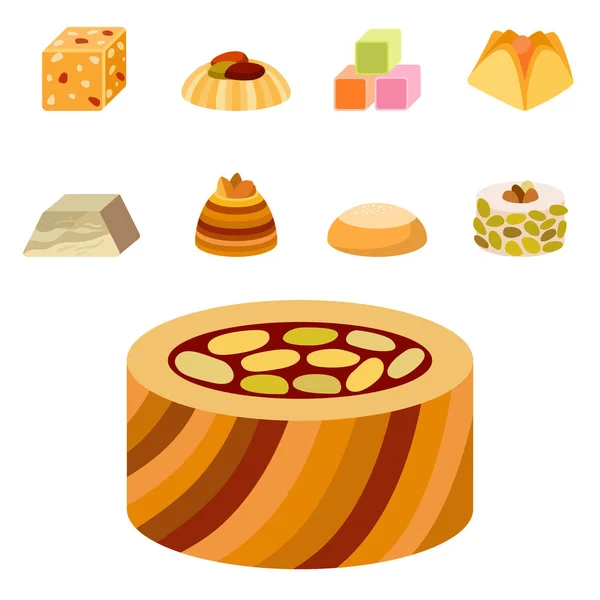 Kelet finom desszert édesség élelmiszer keleti édességek házi választék vektoros illusztráció sütemény pékség ízletes választék. — Stock Vector