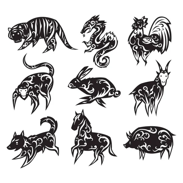 Chinese zodiac eastern calendar traditional china new year oriental animal symbols vector illustrations. — Stock Vector