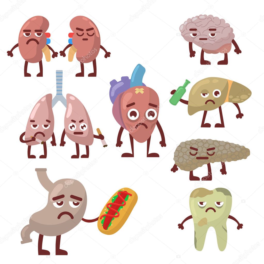 Human organs healthy and unhealthy anatomic funny cartoon character pairs vector.