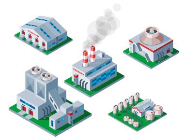 İzometrik fabrika binası simgesi endüstriyel öğe ambar mimari ev vektör çizim