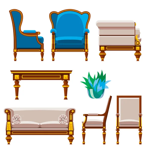 VIP vintage interior furniture rich wealthy house chair room with sofa couch seat set vector illustration. — Stock Vector