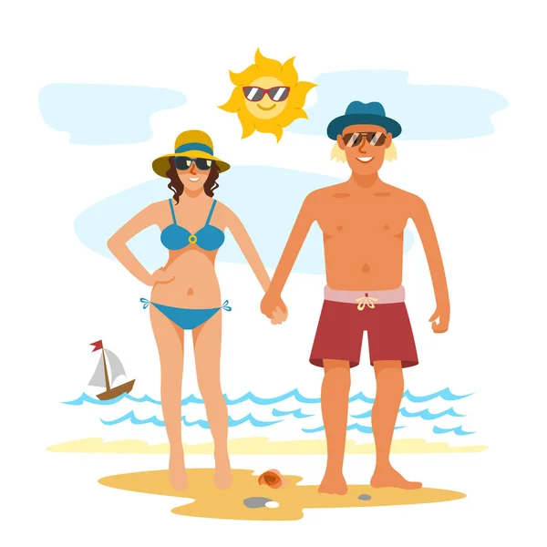 Homme et femme vacances en couple heure d'été sur la plage sable nature tropicale vecteur illustration . — Image vectorielle