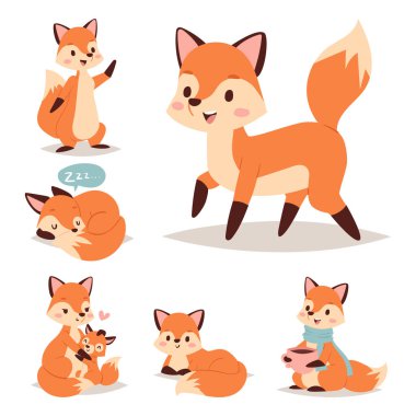 Fox karakteri farklı foxy etkinlikler komik mutlu doğa kırmızı kuyruk ve yaban hayatı turuncu orman hayvan stil grafik vektör çizim yapıyor.