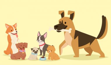Yavru köpekler karakterler komik komik mutlu memeli safkan köpek doğurmak vektör çizim oynarken şirin.