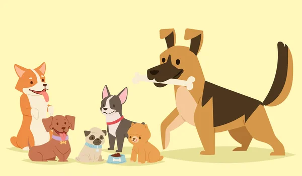 Cucciolo carino giocare cani personaggi divertente purosangue comico felice mammifero cane razza vettore illustrazione . — Vettoriale Stock