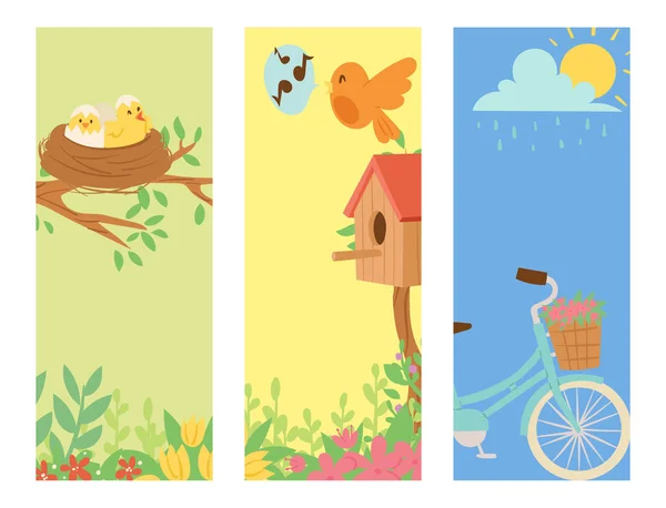 Frühling natürliche Blumen blühen Banner Gartengeräte Schönheit Design und Natur Gras Saison Zweig Frühling handgezeichnete Elemente Vektor Illustration. — Stockvektor