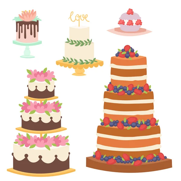 Hochzeitstorten frisch lecker Dessert süß Gebäck Kuchen Gourmet hausgemachte köstliche Sahne traditionelle Bäckerei Torte Vektor Illustration. — Stockvektor