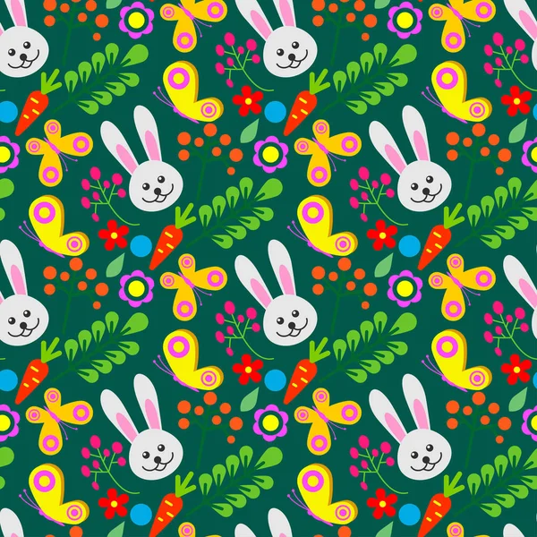 Pascua conejo carácter conejito sin costuras patrón fondo vector lindo animal feliz ilustración ornamento decorativo naturaleza flora decoración .. — Archivo Imágenes Vectoriales