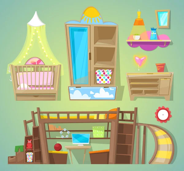 Sala de juegos vector niños muebles cama en el interior amueblado de babyroom ilustración conjunto de muebles de diseño para la habitación de los niños en casa aislado en el fondo — Archivo Imágenes Vectoriales