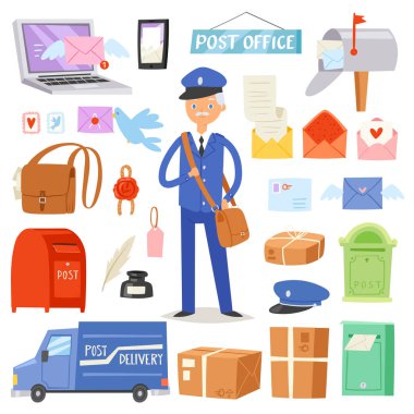 Postane vektör postacı posta postbox veya posta kutusu içinde teslim etmek ve letterbox illüstrasyon küme posta teslim hizmeti beyaz arka plan üzerinde izole harflerle yazı karakteri taşıyan gönderilecek