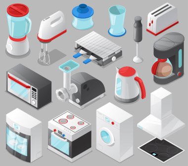 Ev Ocak veya yıkama makinesi elektrikli dükkanı ve mikrodalga arka plan üzerinde izole appliancestore izometrik çizimde ayarlamak için ev aletleri mutfak homeappliance vektör