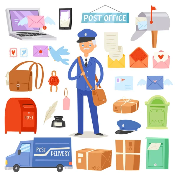 Ταχυδρόμος Postoffice διάνυσμα παραδίδει μηνύματα στο ταχυδρομικό κουτί ή γραμματοκιβώτιο και θέση χαρακτήρα μεταφέρει ταχυδρομηθεί γράμματα στο γραμματοκιβώτιο εικονογράφηση σύνολο υπηρεσιών ταχυδρομικών αποστολών που απομονώνονται σε λευκό φόντο — Διανυσματικό Αρχείο