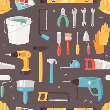 İnşaat ekipmanları vektör Oluşturucuyu yapıcı araçları veya Oluşturucu çekiç ve tornavida çizim marangozlar Toolbox ile seamless modeli arka plan belirleme