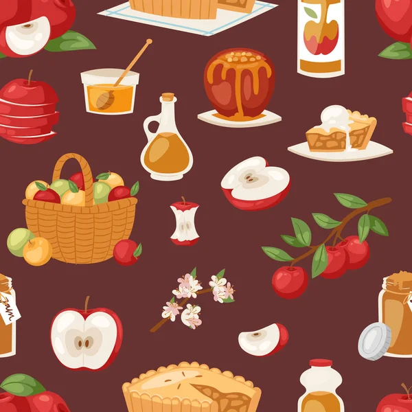 Alma vektor egészséges applepie lekvárral és applejuice a kertben appletrees illusztráció, a háttér beállítása varrat nélküli mintát friss gyümölcsök — Stock Vector