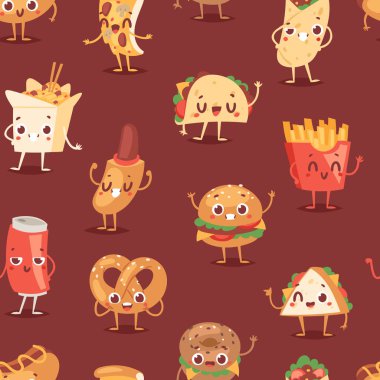 Fast food gülümseme vektör fast food duygu burger veya sosis ifade simgeleri ve soda içecek emoji Dikişsiz desen arka plan ile hamburger ya da çizburger ifade karakter karikatür