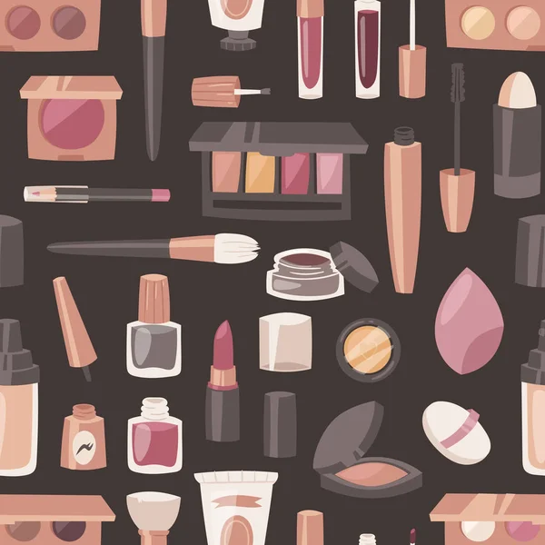 Kosmetiska vektor skönhet make up kosmetologi för vacker kvinna med makeup foundation puder eller ögonskugga illustration uppsättning cosmetician tillbehör sömlös bakgrund — Stock vektor