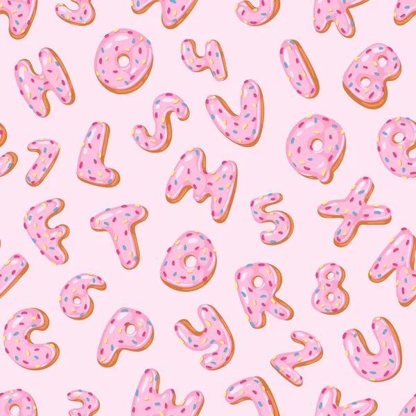 Αλφαβητική ντόνατς διάνυσμα παιδιά γραμματοσειρά Abc, αλφάβητο ντόνατ με ροζ γράμματα και αριθμούς, τζάμια με άχνη ή γλυκό Αλφαβητικός τυπογραφία για φόντο χωρίς ραφή πρότυπο εικονογράφηση χαρούμενα γενέθλια — Διανυσματικό Αρχείο