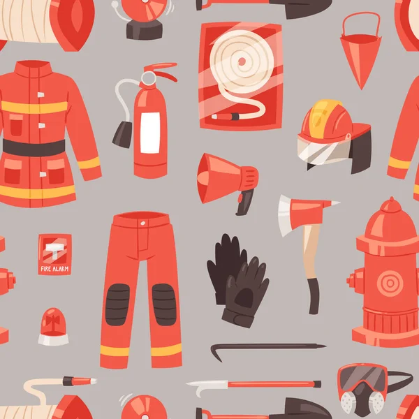 Bombeiro vetor de combate a incêndios equipamento de bombeiros hidrante mangueira e extintor ilustração conjunto de uniforme bombeiro com capacete isolado sem costura padrão fundo —  Vetores de Stock