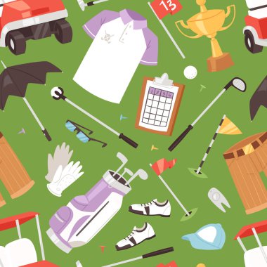 Golf vektör golfçüler spor ve sporcu Golf giyim izole golfclub illüstrasyon kümesinde sorunsuz oynamak için golfball arka plan desen