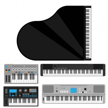 Klavye müzik aletleri klasik piyano melodi studio akustik parlak müzisyen ekipman elektronik ses illüstrasyon vektör.